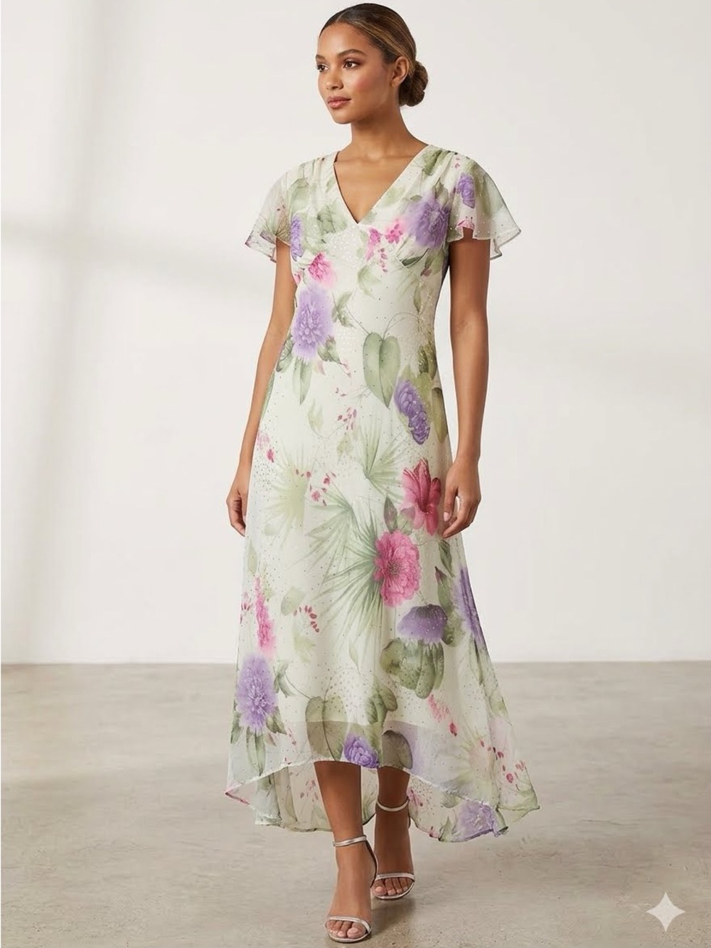 Vtg Karin Steven’s Floral Chiffon Midi Wedding Guest Dress Cottage Fairy Garden